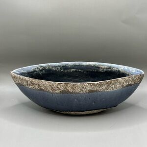 Raku Crackle Glaze Art Pottery Bowl Purple/Blue Glaze Boat Shaped Planter 11”